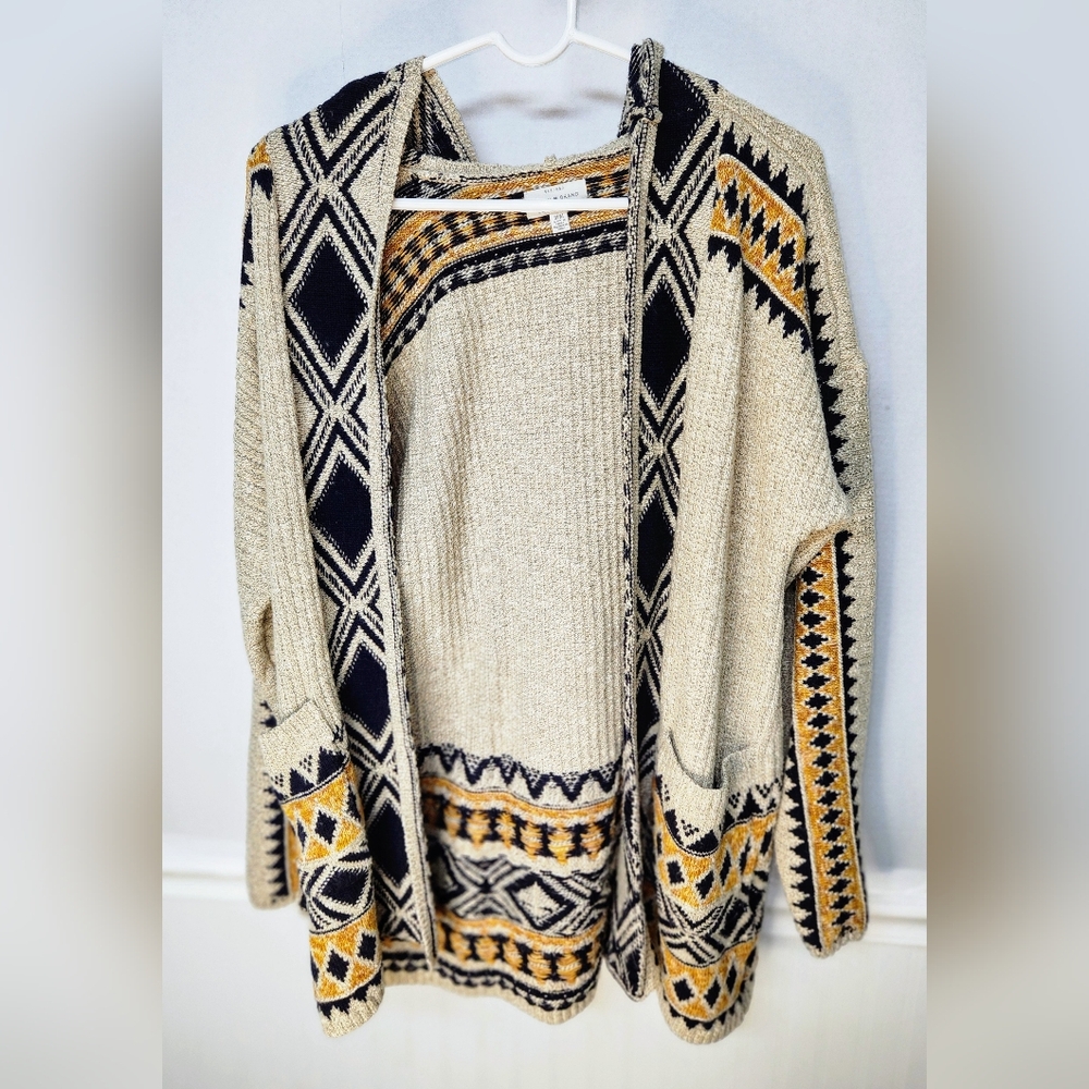 Lucky Brand Cardigan Sweater Size Large Beige Southwest Hoodie Geometric Design